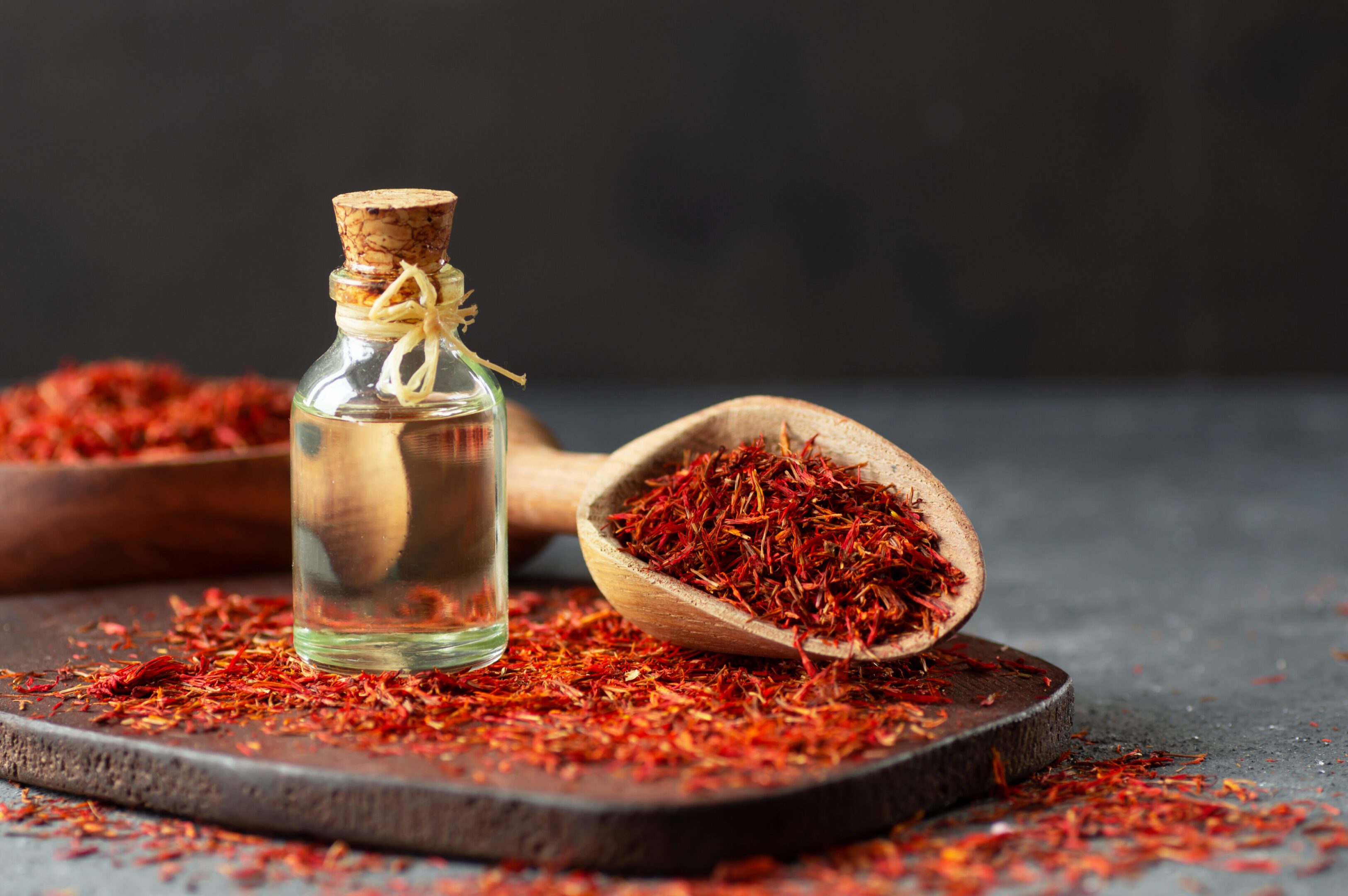Saffron spice and oil bottle display